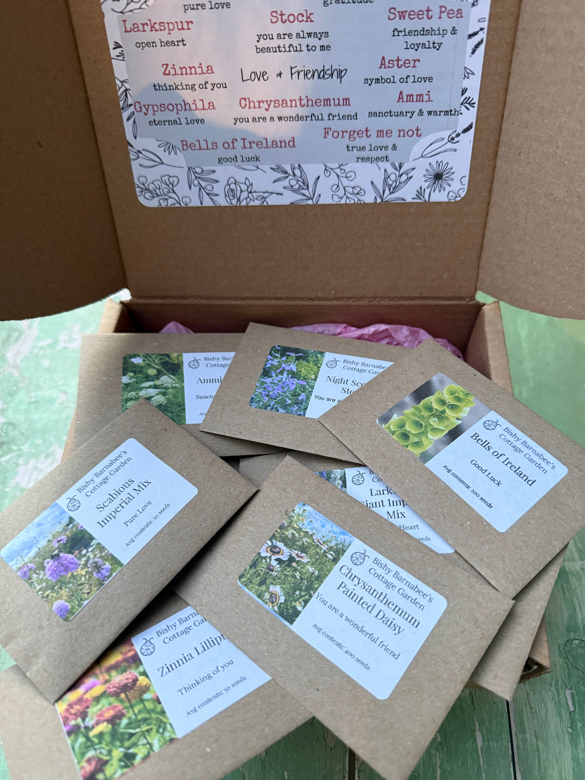 Floriography: The Little Box of Love open with seed packets and a lid chart of flower meanings