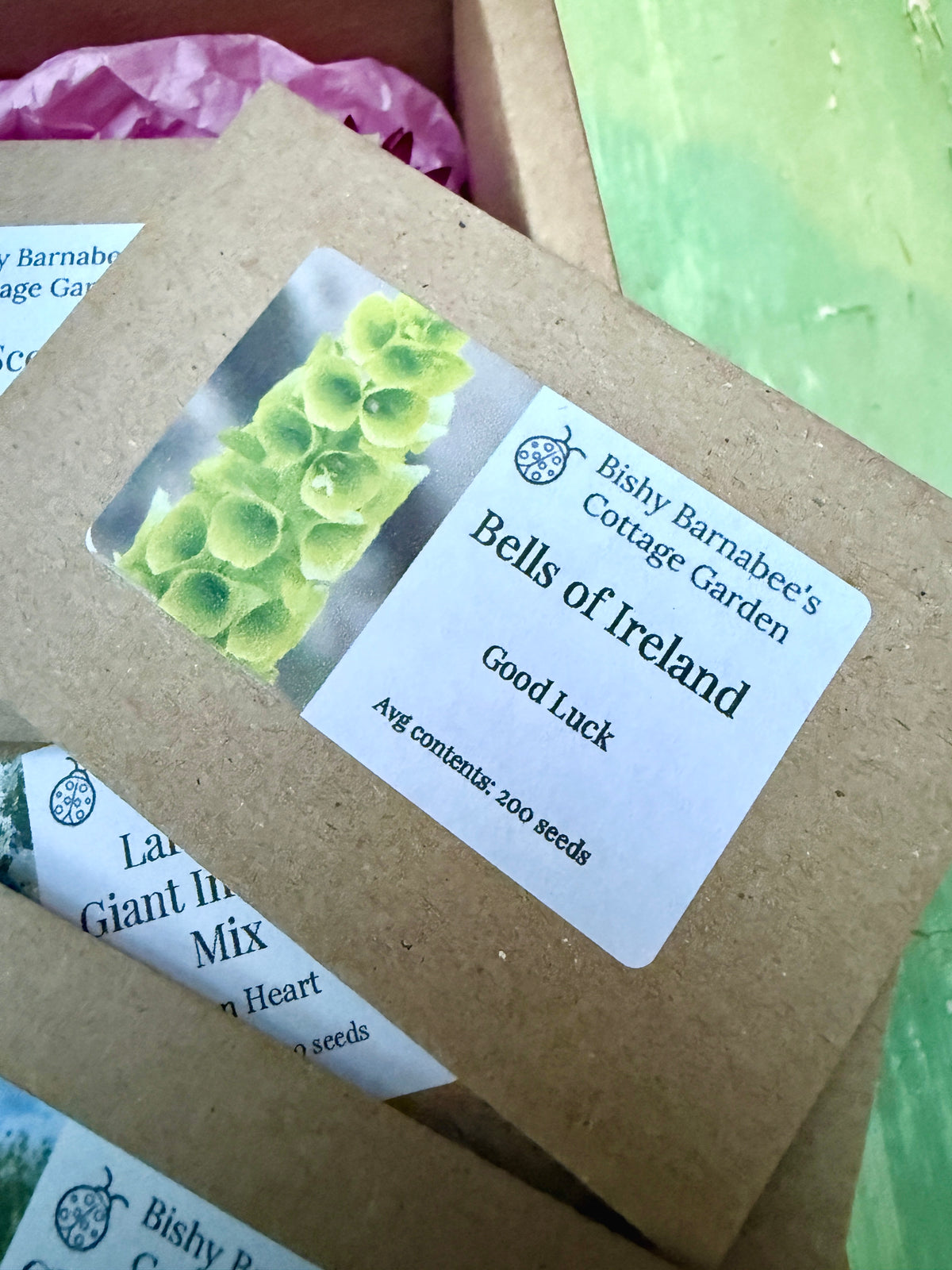 Floriography: The Little Box of Love – seed packet with a green flower picture and Good Luck