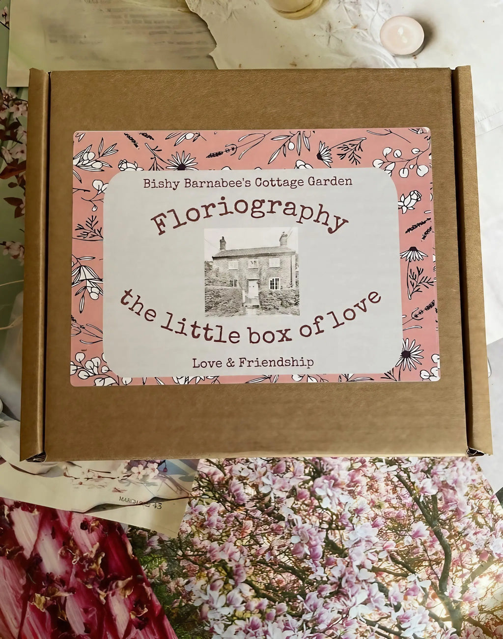 Floriography: The Little Box of Love – card box with pink floral border and cottage photo
