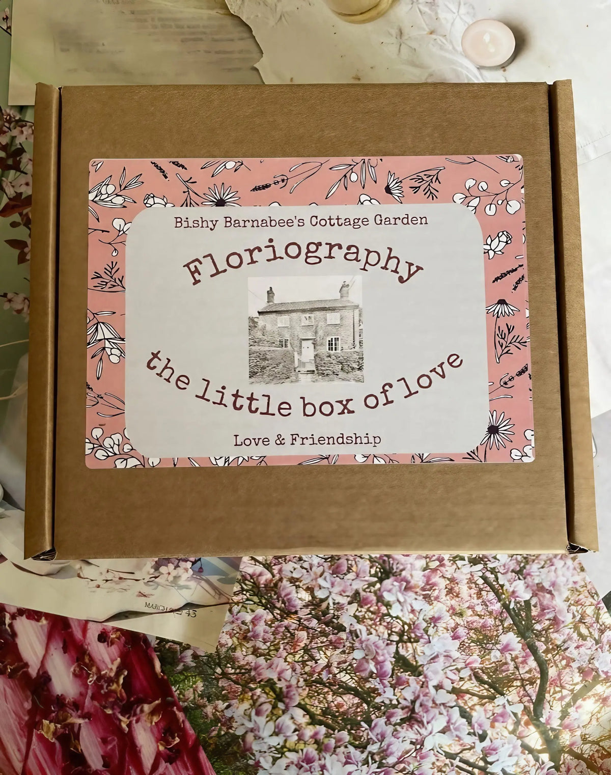 Floriography: The Little Box of Love – card box with pink floral border and cottage photo