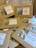 Bishy Barnabees Cottage Garden’s "Flowers Perfect for Drying Extra" features brown seed packets with colorful flower images and a printed list of varieties—ideal dried flower seeds for creating everlasting bouquets.