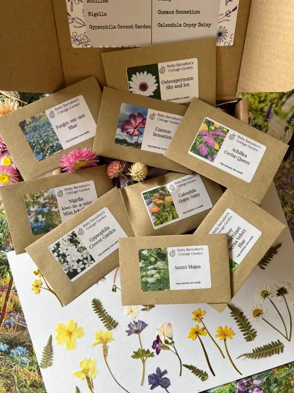 Bishy Barnabees Cottage Garden's "Flowers to Grow...Perfect for Pressing" features brown paper seed packets with photos and labels of various press-worthy flowers, arranged on a floral background with a box displaying more seed packets.