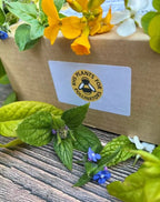 A cardboard box labeled "Flowers to Grow...Perfect for Pollinators" by Bishy Barnabees Cottage Garden sits on a wooden surface, surrounded by bee-friendly yellow, white, and purple flowers with lush green leaves.