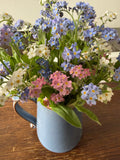 Forget-me-not Victoria Mixed (Myosotis) – blue, pink and white posy in a blue jug on a wooden table