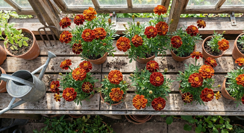 Pots of orange French Marigold Spanish Brocade on a greenhouse bench beside a metal watering can