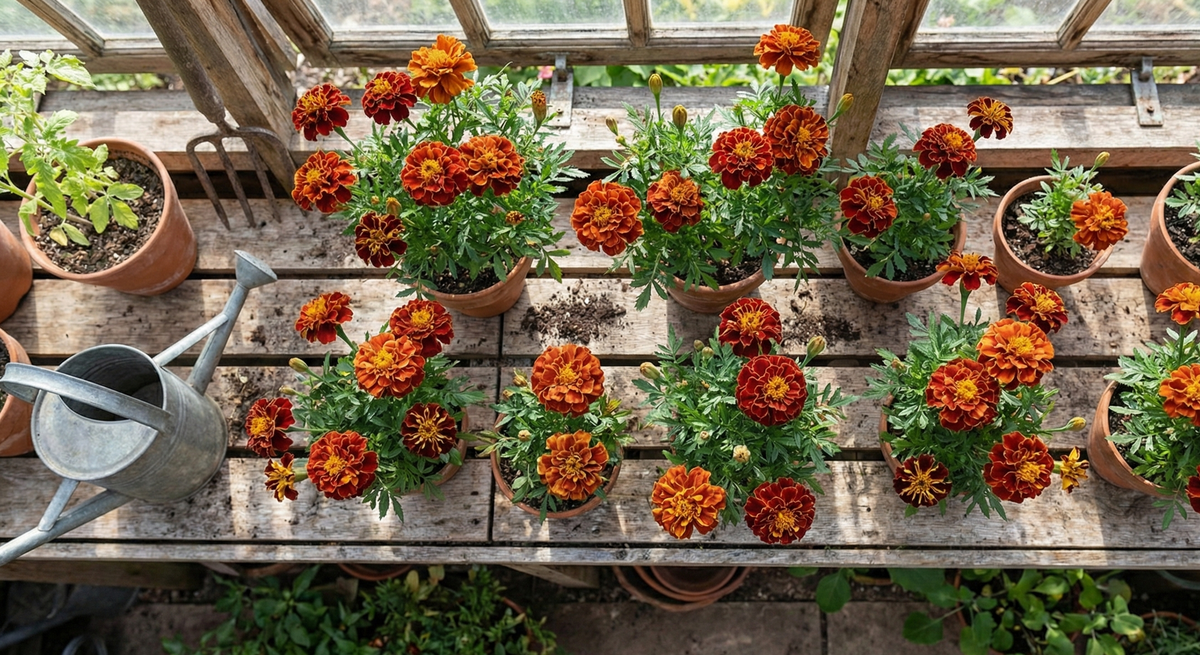 Pots of orange French Marigold Spanish Brocade on a greenhouse bench beside a metal watering can