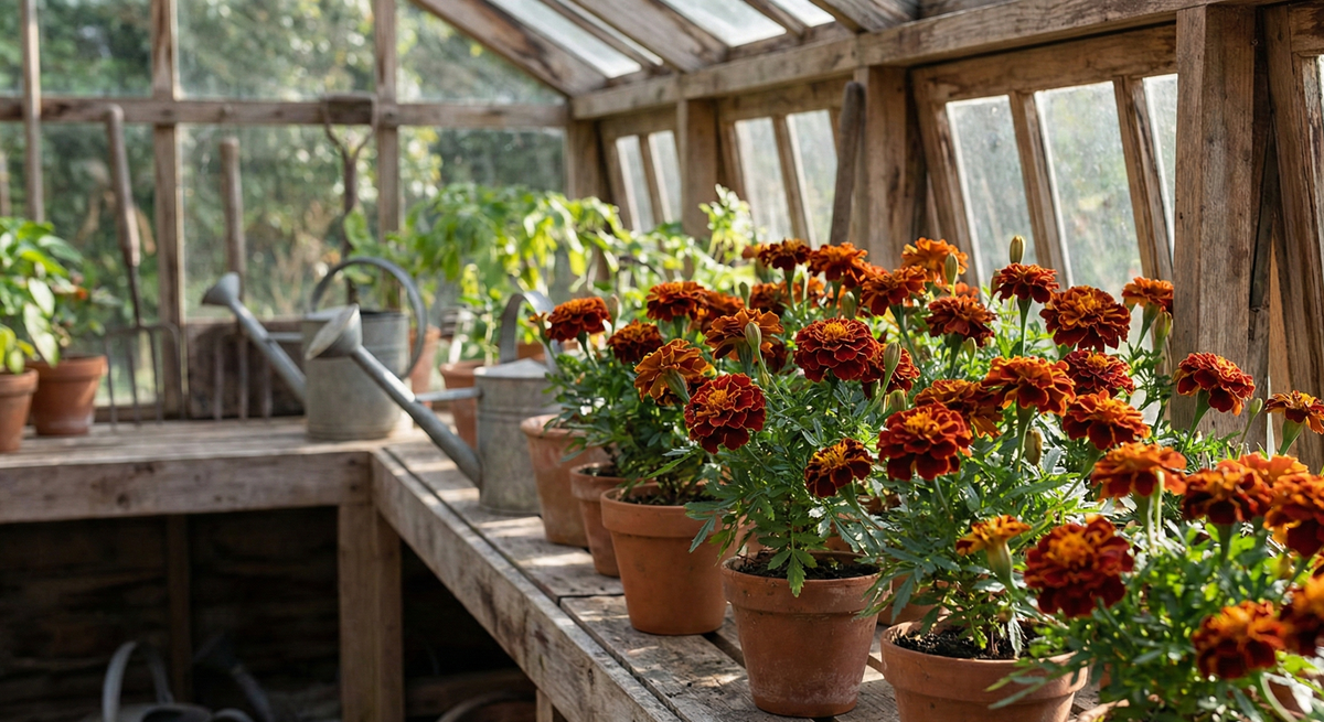 French Marigold Spanish Brocade in pots lining a rustic greenhouse shelf with garden tools