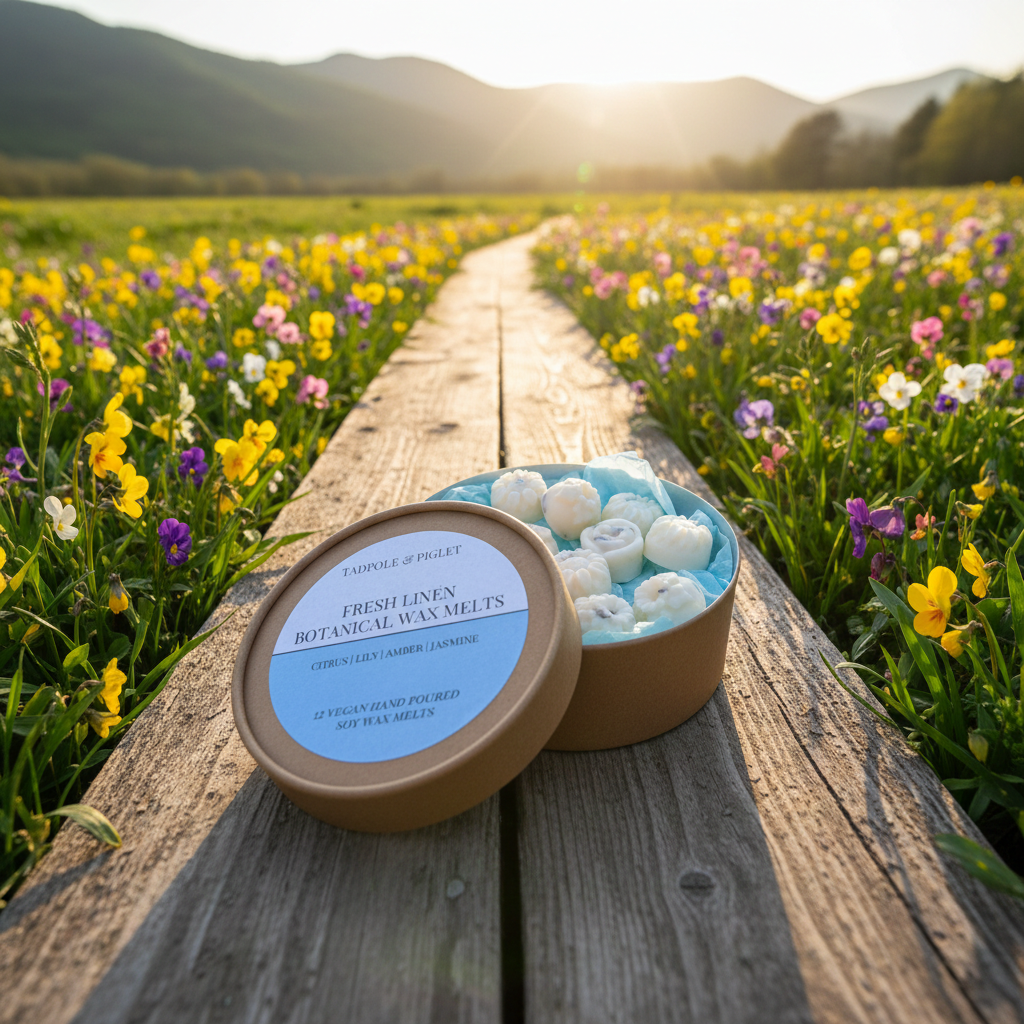Open Fresh Linen Botanical Wax Melts box on a wooden path in a wildflower field