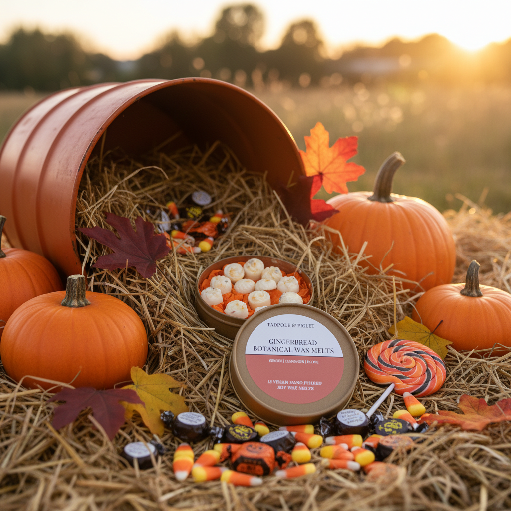 Gingerbread Botanical Wax Melts spilling from an orange bucket with sweets and pumpkins on straw