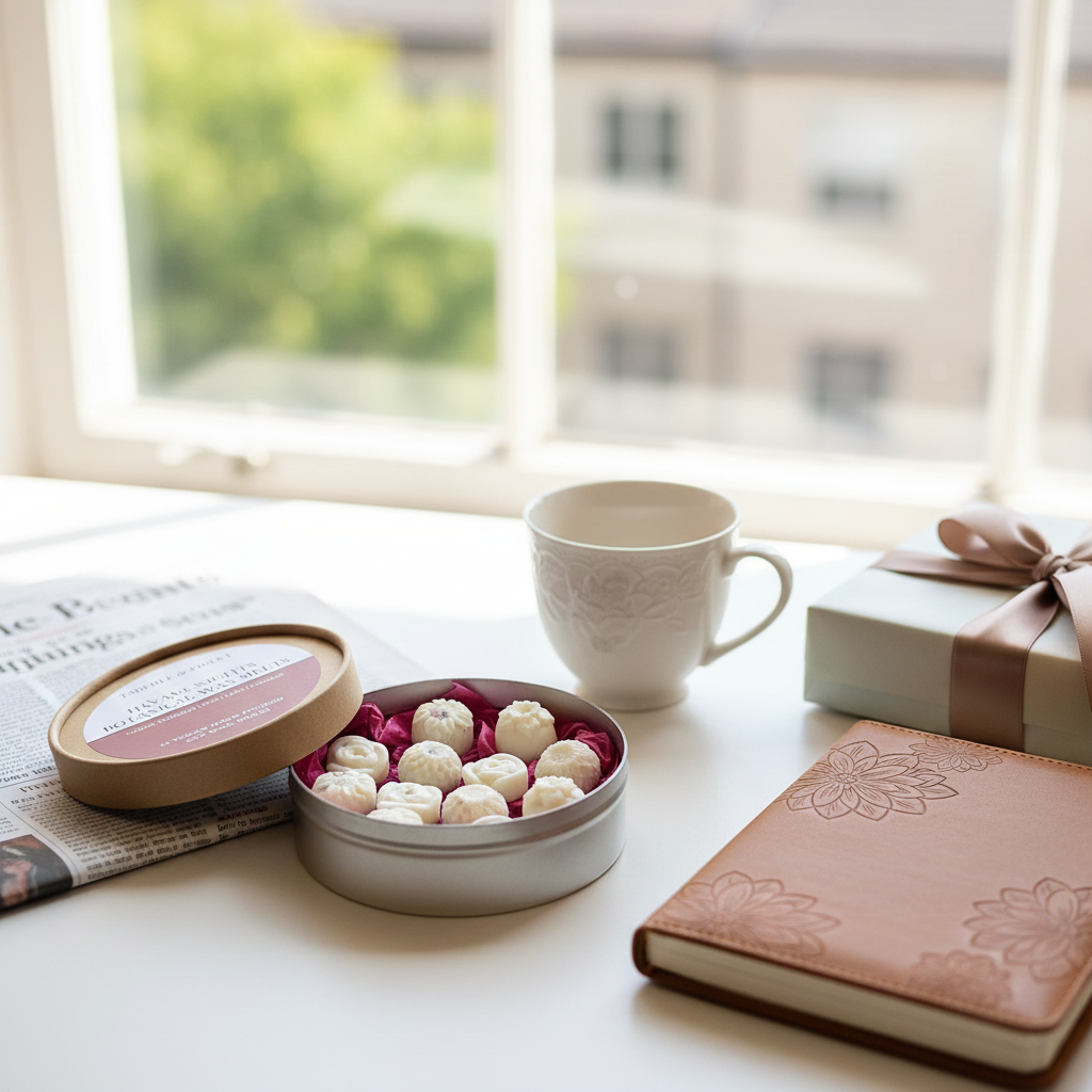 Havana Nights Botanical Wax Melts on a white desk with a mug, gift and floral notebook