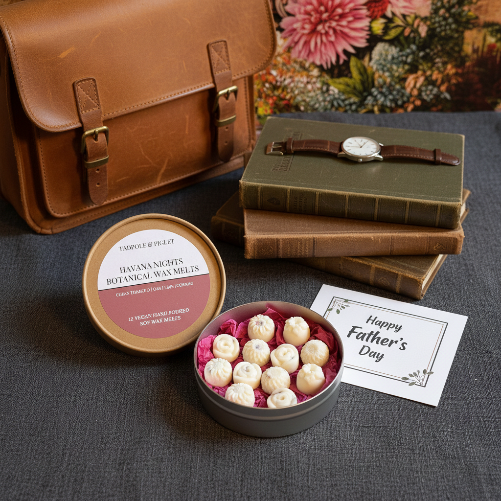 Havana Nights Botanical Wax Melts tin with a Father's Day card, vintage books and a leather bag