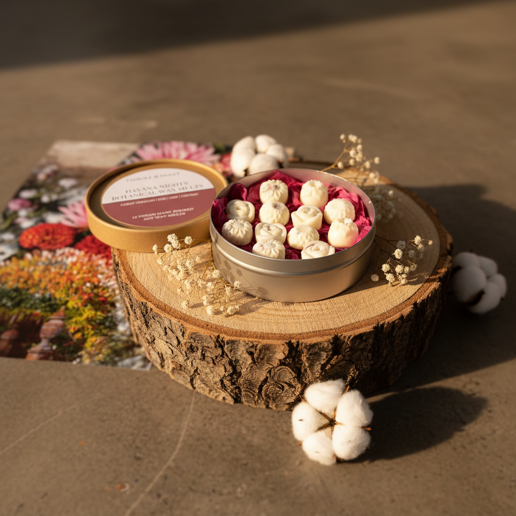 Havana Nights Botanical Wax Melts tin and lid on a wooden slab with cotton flowers on grey
