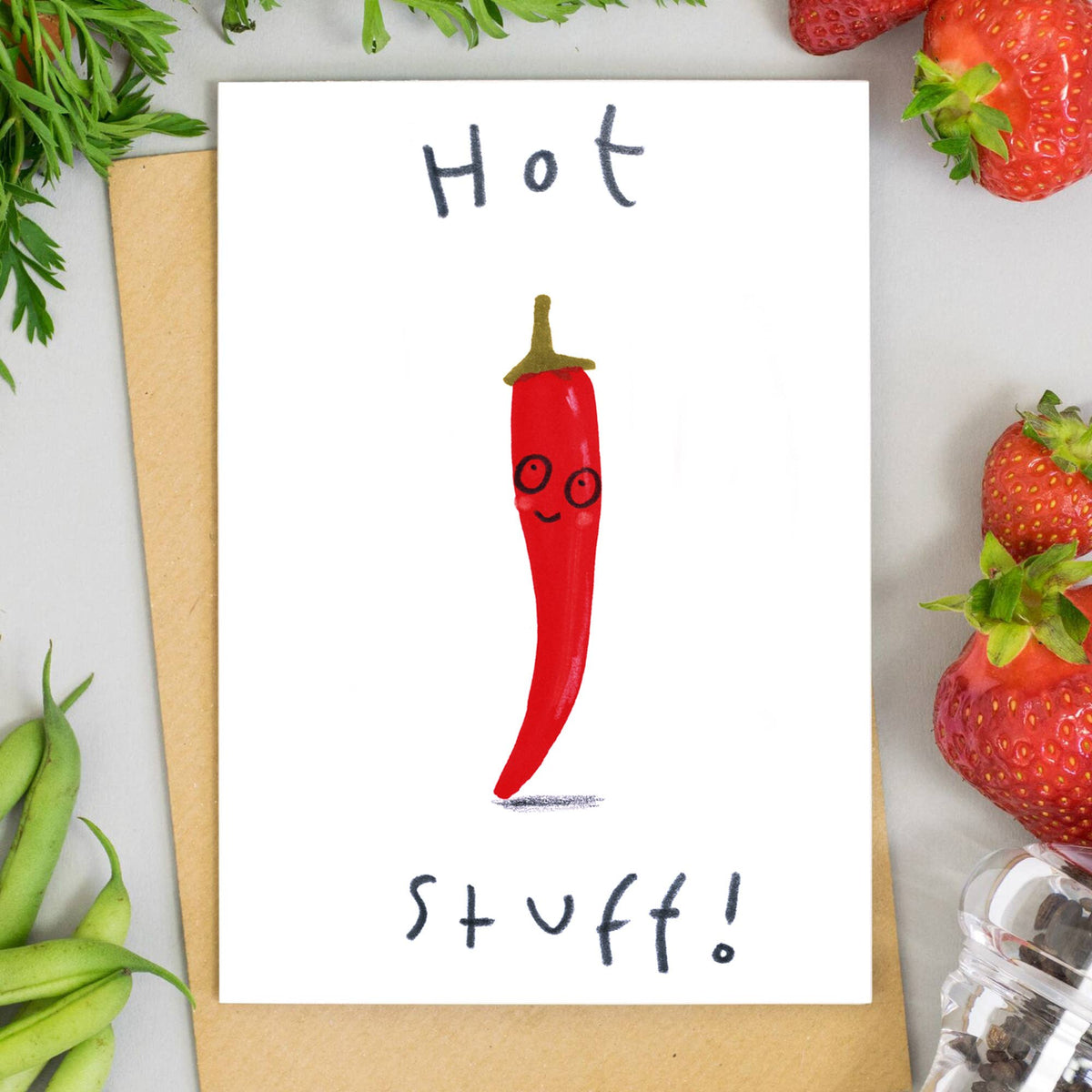 Hot Stuff Card – illustrated smiling red chilli with hand-lettered text