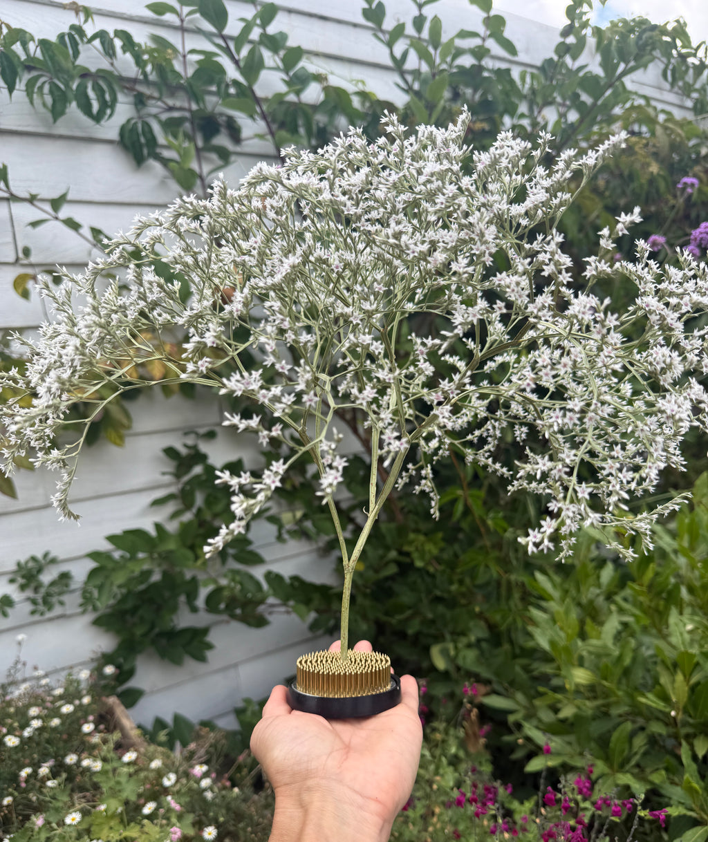Ikebana Kenzan Flower Frog held in hand with a white-flowered branch arranged in it