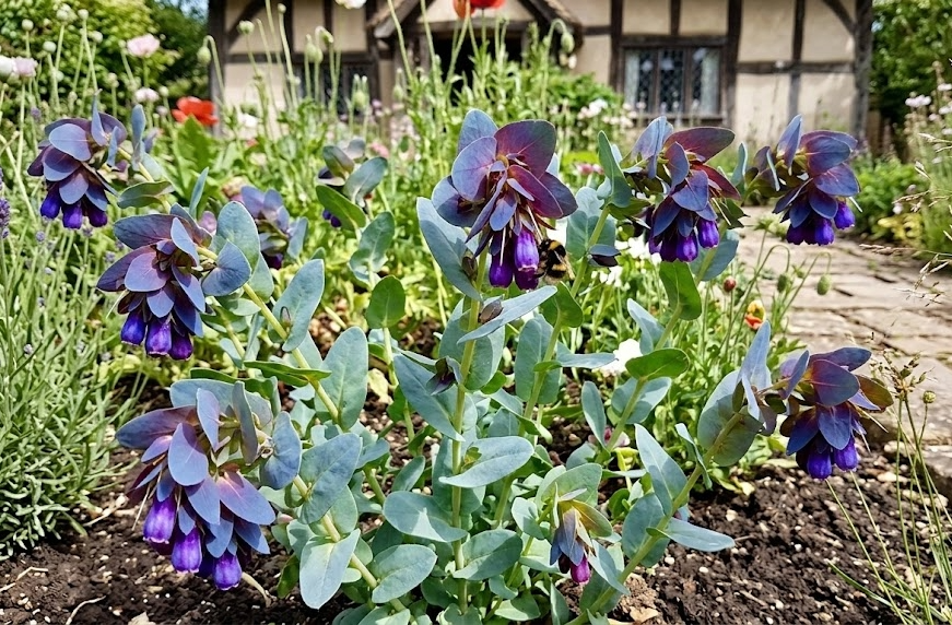Cerinthe major Purpurascens from Bishy Barnabees Cottage Garden Ltd, a bee-friendly plant with blue-green leaves and purple tubular flowers, grows in a garden beside a timber-framed cottage.
