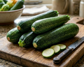 Courgette Zucchini – dark green courgettes and slices on a chopping board with a knife
