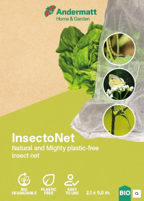 InsectoNet packaging showing leafy greens, insects and white biodegradable netting