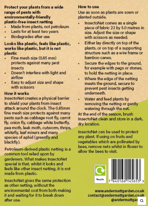 InsectoNet infographic of pest protection features with a hand holding netting over plants