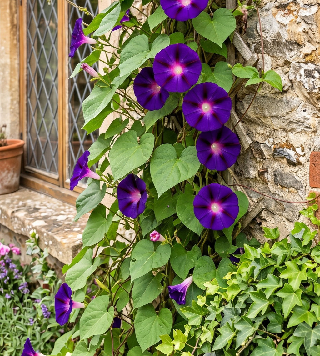Ipomoea Star of Yelta climbing a stone wall with many purple blooms