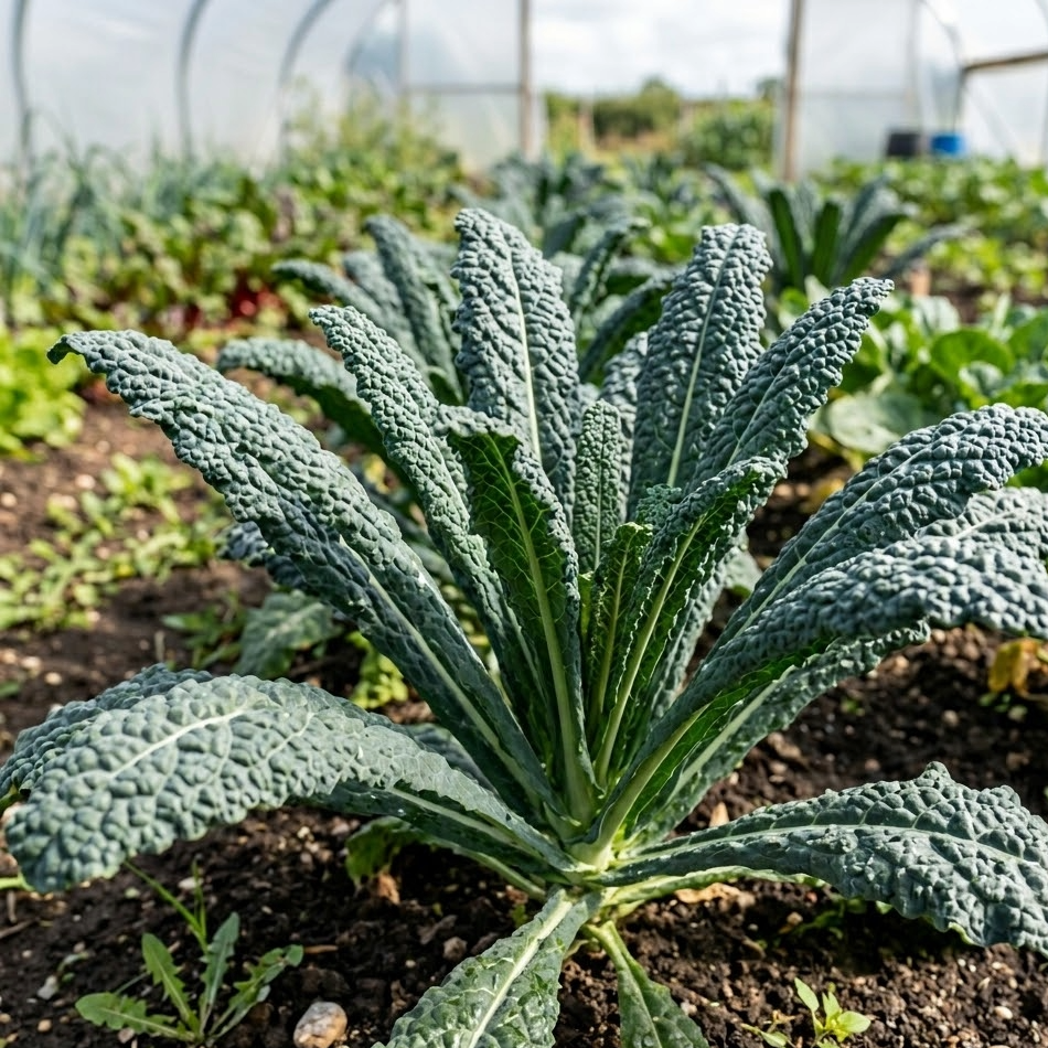 Kale Nero di Toscana – dark blistered cavolo nero plant growing in a polytunnel bed