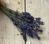 A hand holds a small bunch of Lavender Dried (Small) by Bishy Barnabees Cottage Garden Ltd, featuring purple blooms and green stems for natural fragrance, displayed on a weathered white wooden surface.