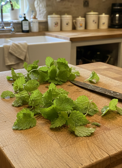 Lemon Balm (Melissa officinalis) – fresh sprigs on a chopping board with a knife in a farmhouse kitchen
