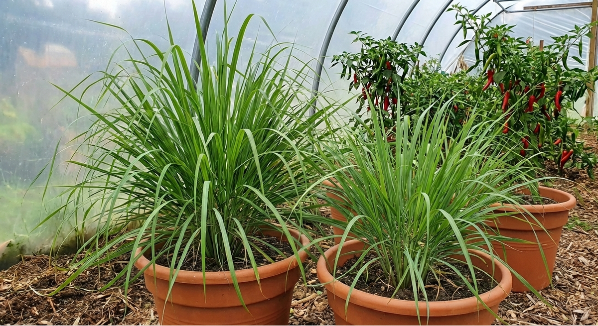Lemongrass East Indian (Cymbopogon flexuosus) in terracotta pots in a greenhouse with pepper plants