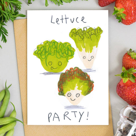 Lettuce Party Card – three smiling cartoon lettuces, with strawberries and pea pods around the card
