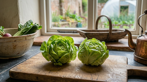 Lettuce Tom Thumb – two small round butterhead lettuces on a wooden board by a kitchen window