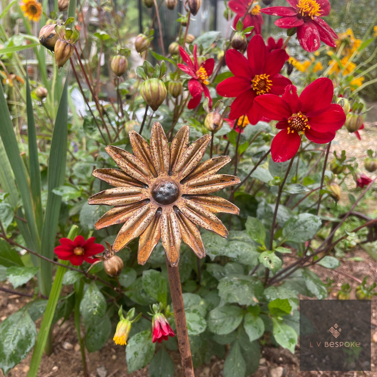 Short floral metal garden stake – copper-toned metal daisy among red dahlias