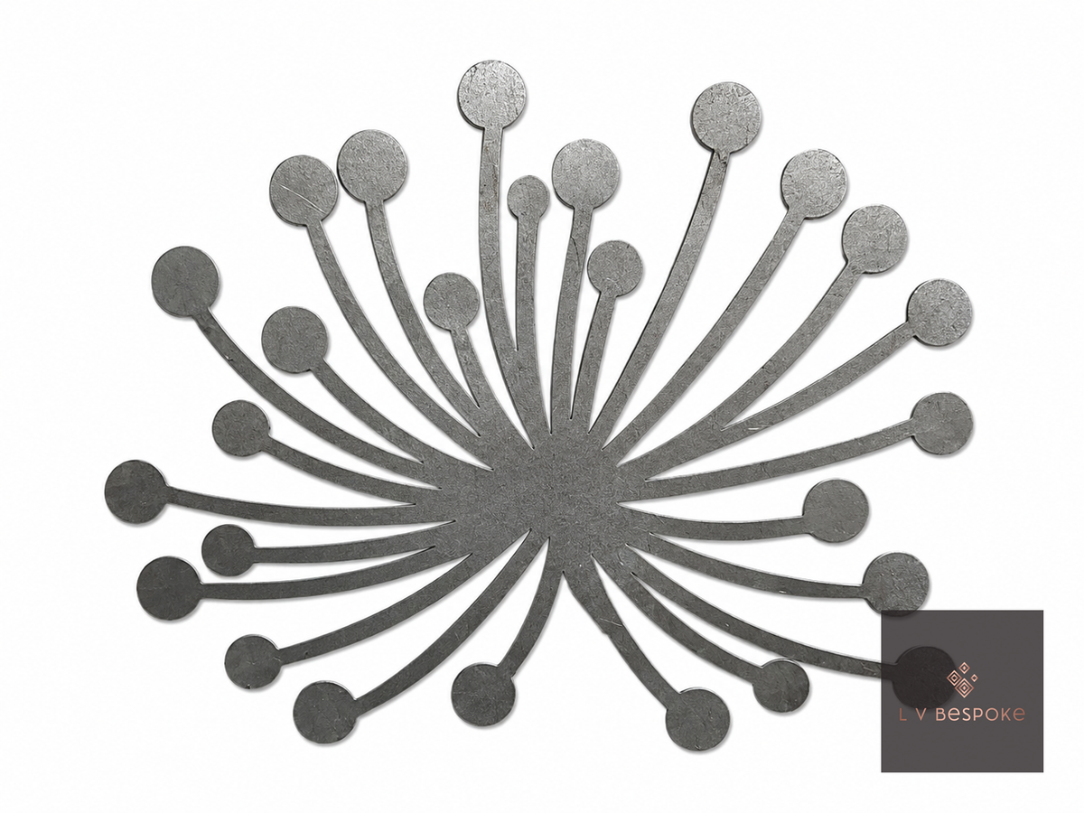Short floral metal garden stake – allium design, round cut-metal head with dotted spokes