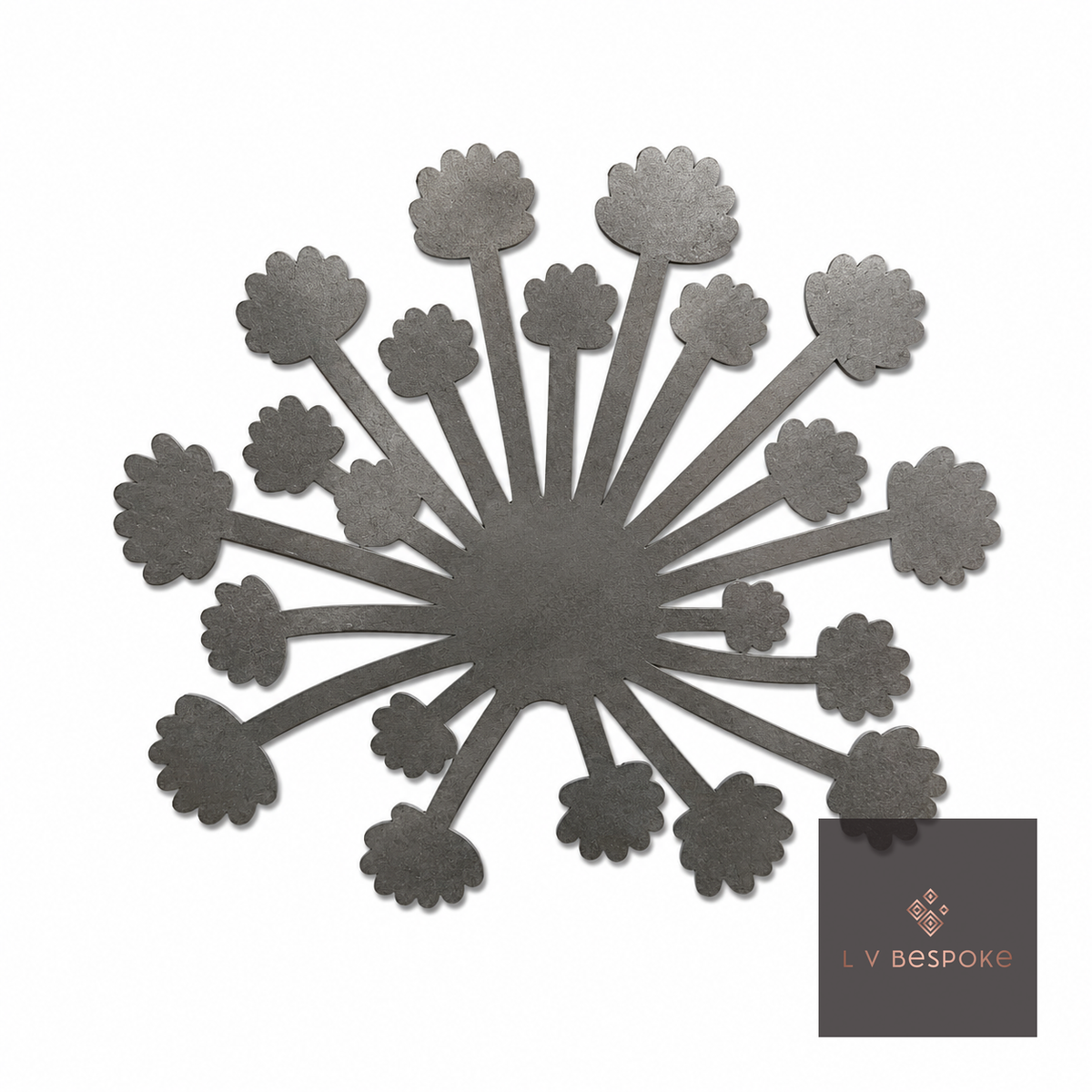 Short floral metal garden stake – allium design with small flowerets on each spoke