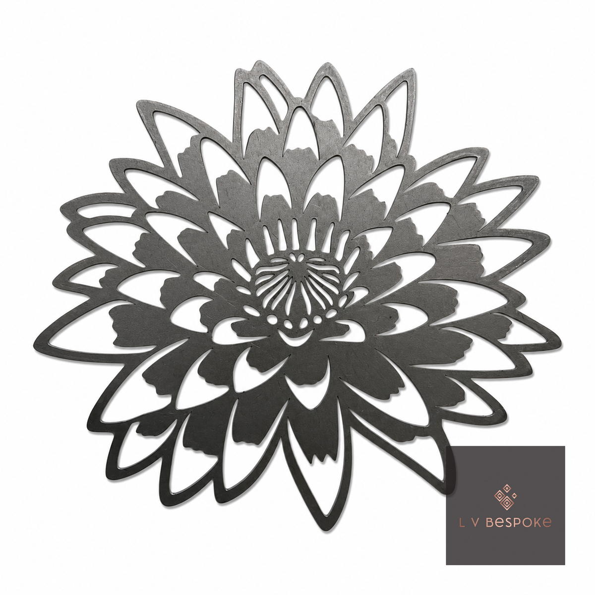 Short floral metal garden stake – dahlia design 5 with spiky cut-metal petals