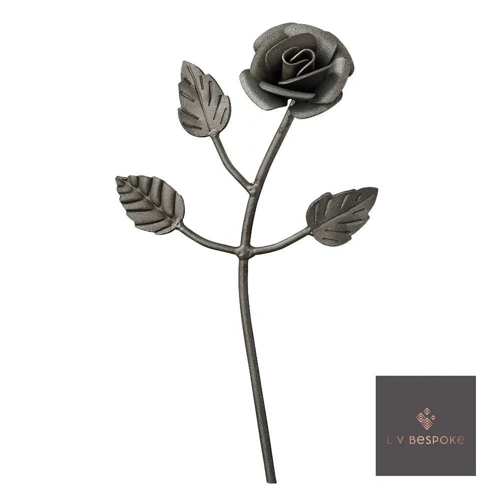 Short floral metal garden stake – forged rose on a stem with three leaves