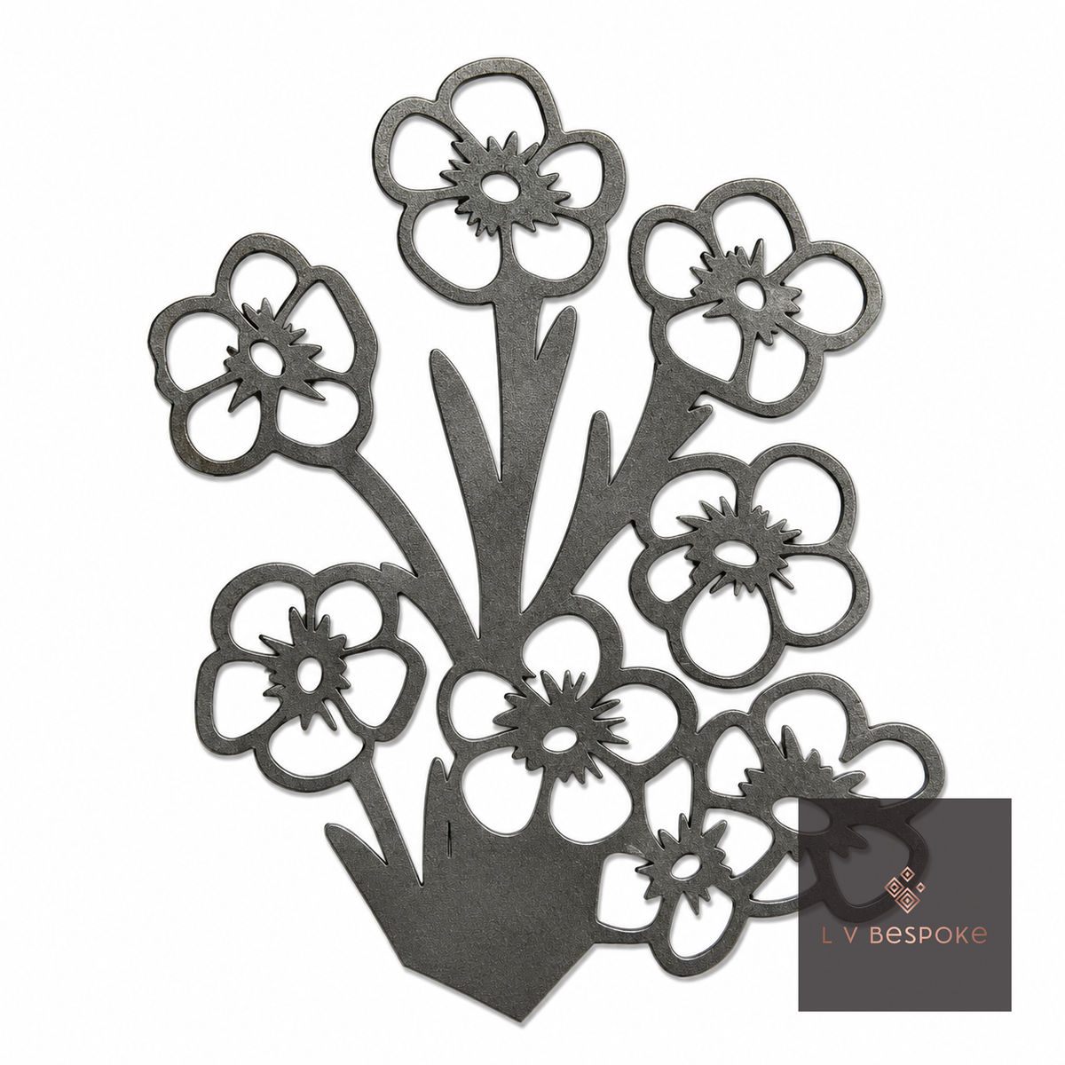 Tall floral metal garden stake – primrose design, cluster of small cut-metal flowers