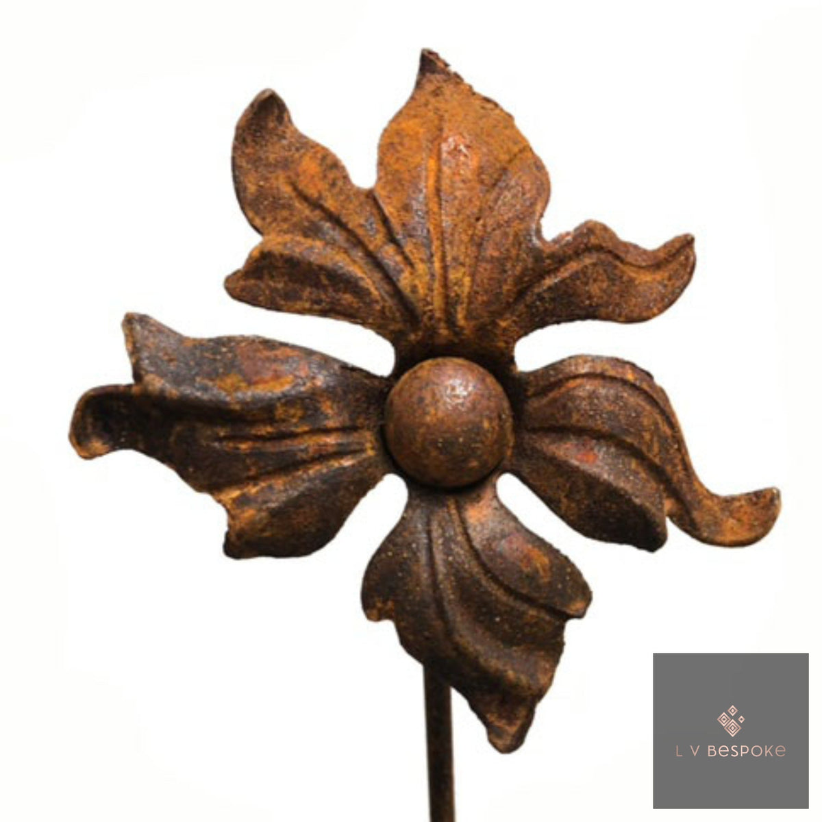 Tall floral metal garden stake – rust-coloured forged flower with twisting petals