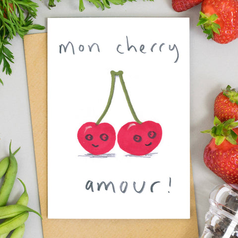Mon Cherry Amour Card – pair of smiling cartoon cherries, with strawberries and pea pods beside