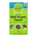 Bright green bag of Dandy’s Topsoil & Landscape Supplies Topsoil Welsh Multi Purpose. Peat-free and ideal for lawns, borders, and vegetables. Small images show rich soil, a lawn, fresh veggies, and a wheelbarrow.