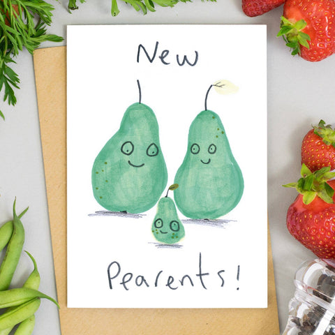 New Pearents Card – two smiling cartoon pears with a baby pear, strawberries beside the card