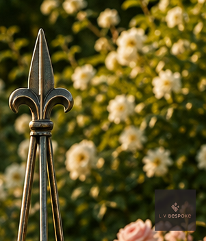 Obelisk Garden Feature fleur-de-lis finial against a climbing white rose