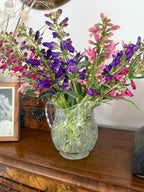 Purple and pink Penstemon Cambridge Mix in a glass jug on a wooden table