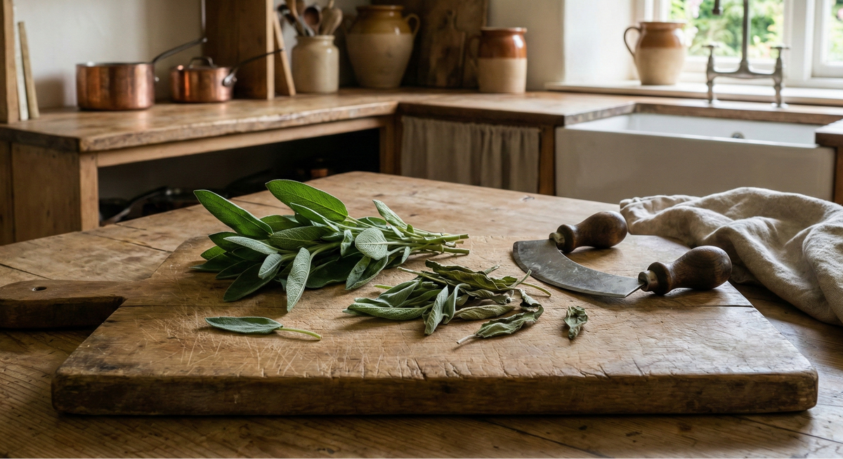 Sage Common – bundle of fresh sage leaves on a wooden board in a rustic kitchen