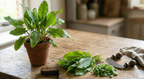 Pot of Sorrel French Green De Belleville by a board of fresh leaves in a sunlit kitchen