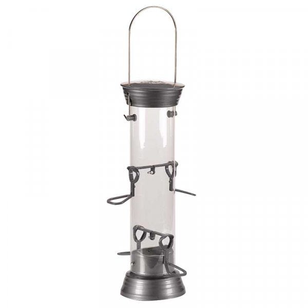 Supreme Sunflower Heart Feeder – clear 30cm tube with grey lid, perches and hanging loop