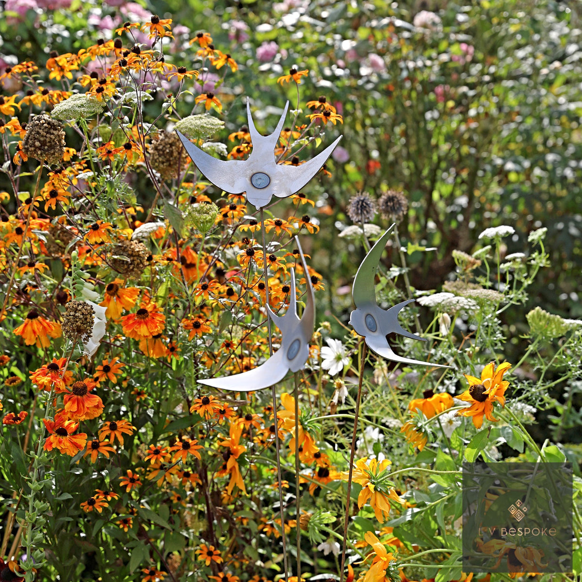 Swaying Garden Stakes – birds and dragonflies among orange flowers