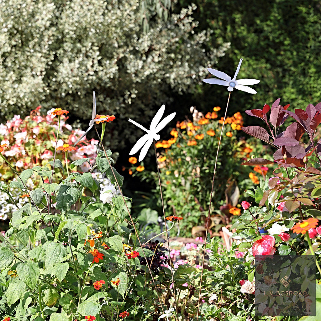 Swaying Garden Stakes – dragonflies above a mixed autumn border