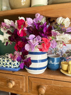 Striped vase of Sweet Pea Bishy Barnabee Mix beside a blue mug and butter dish