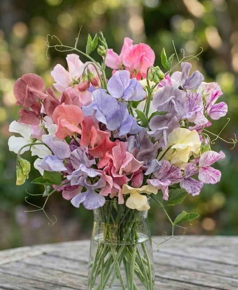Sweet Pea Heaven Scent – pink, purple, white and cream blooms in a glass vase on a garden table