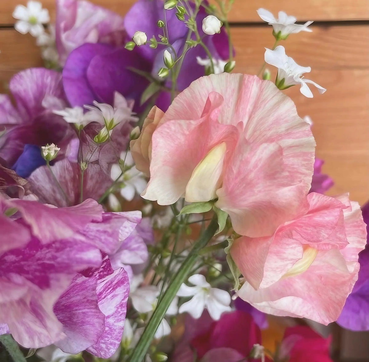 Sweet Pea Heaven Scent bouquet of pastel pink, purple and white flowers against wood