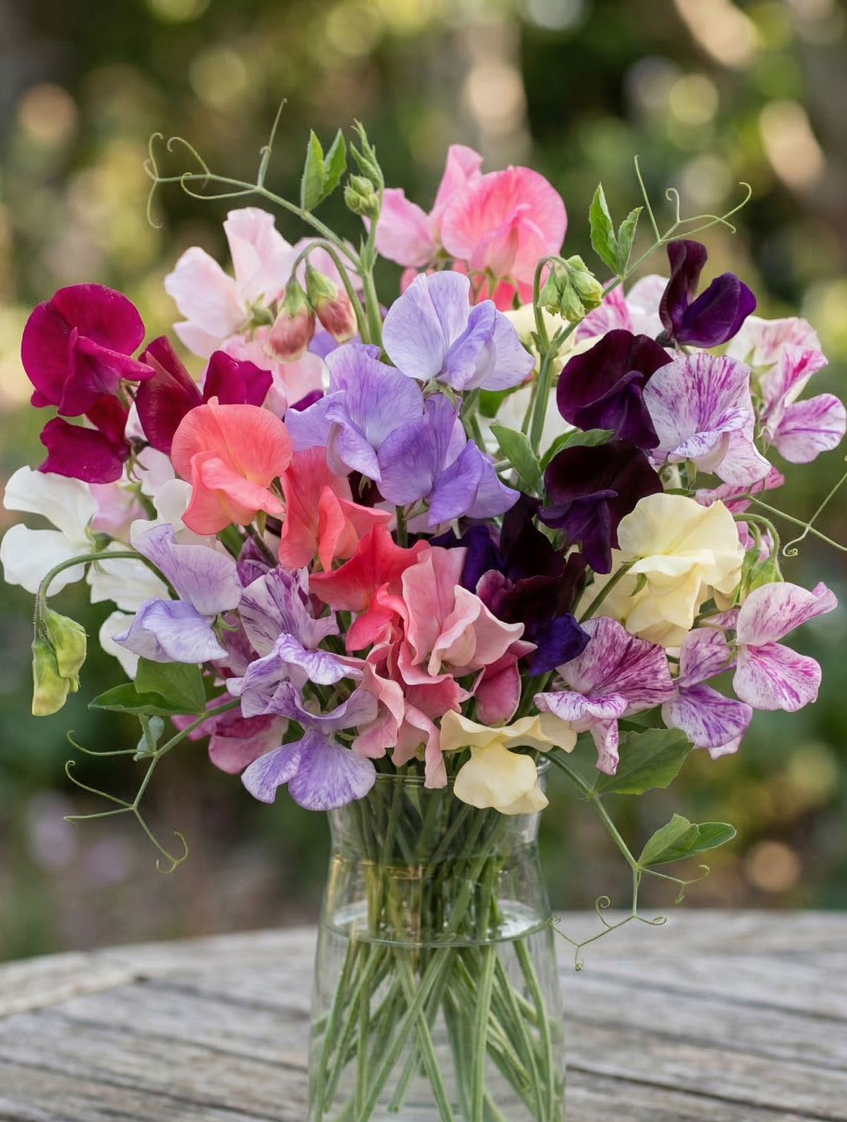 Sweet Pea Heaven Scent – pink, purple, red, white and cream stems in a clear vase on a wooden table